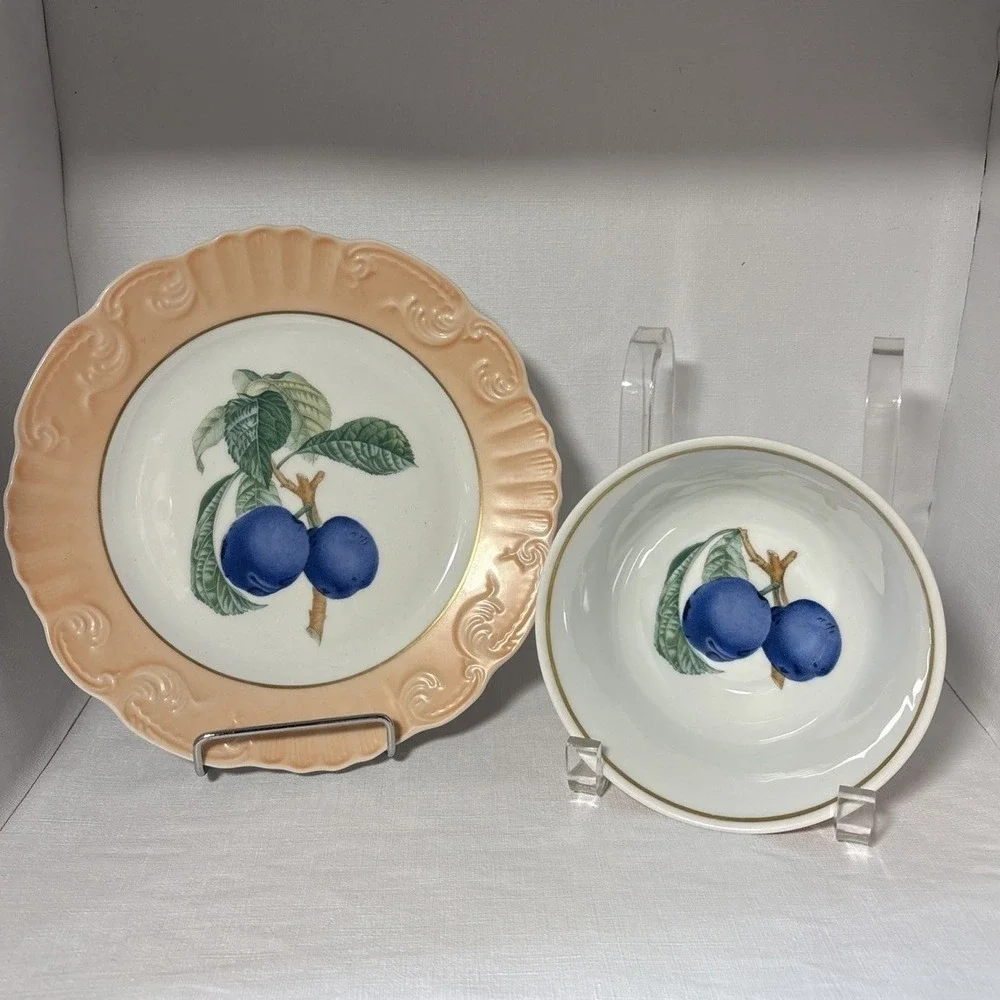 Mottahedeh Dessert Plate And Bowl Set Plum Design Summer Fruit Collection